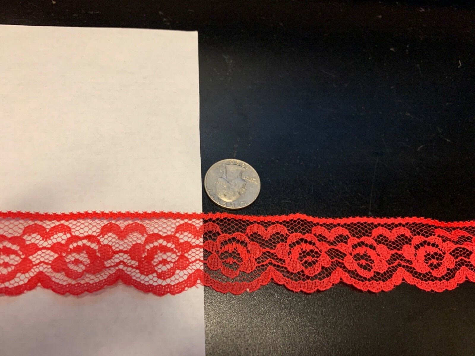 1 & 1/4 inch red lace with scallop edge and floral detail, 2 yard piece