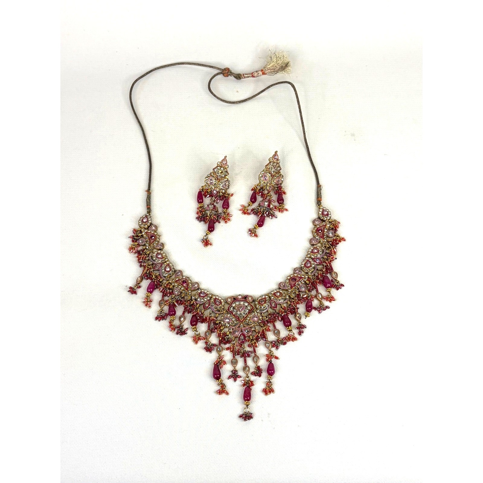 Kundan Bollywood Style India Bridal Set Necklace Earrings Pink Gold Tone