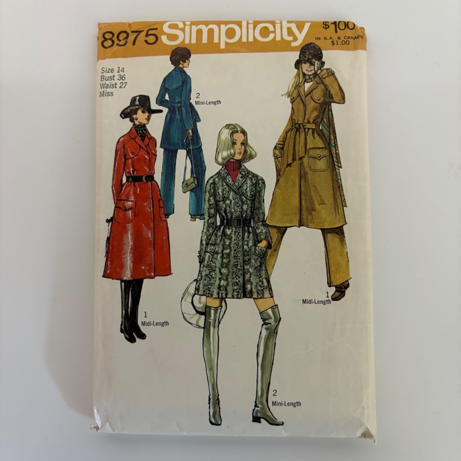Vintage Simplicity 8975 Sewing Pattern Size 14 Mini or Midi Wrap Coat Pants CUT