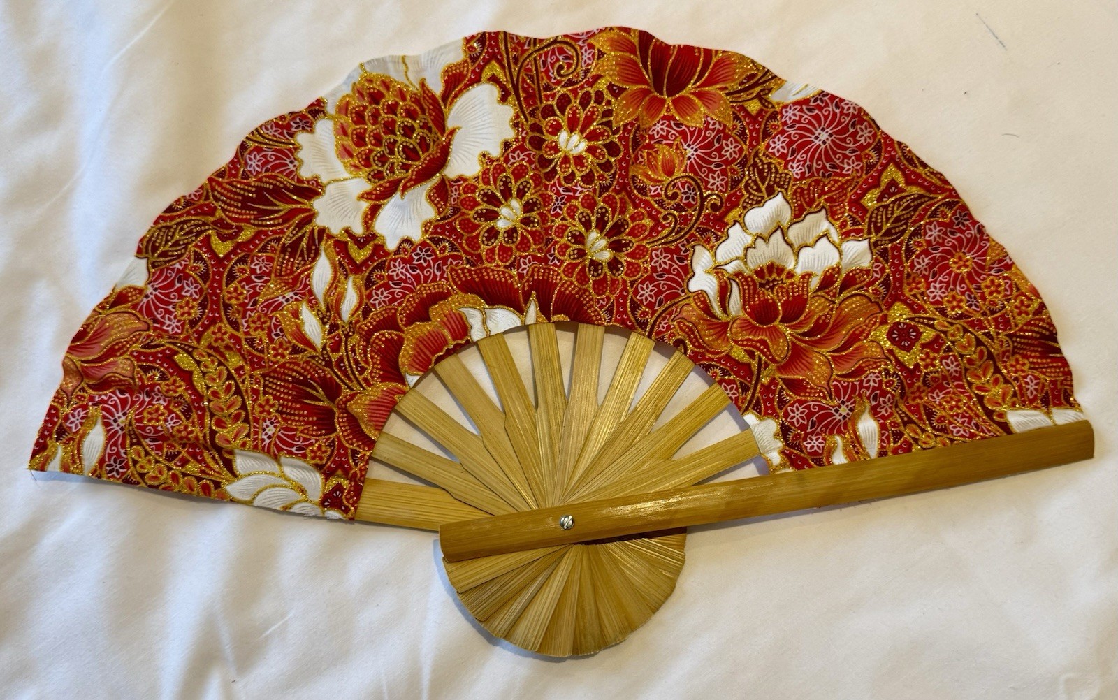 Fan Thai Folding Pink Red Flowers Hand Bamboo Thailand Decor พั52