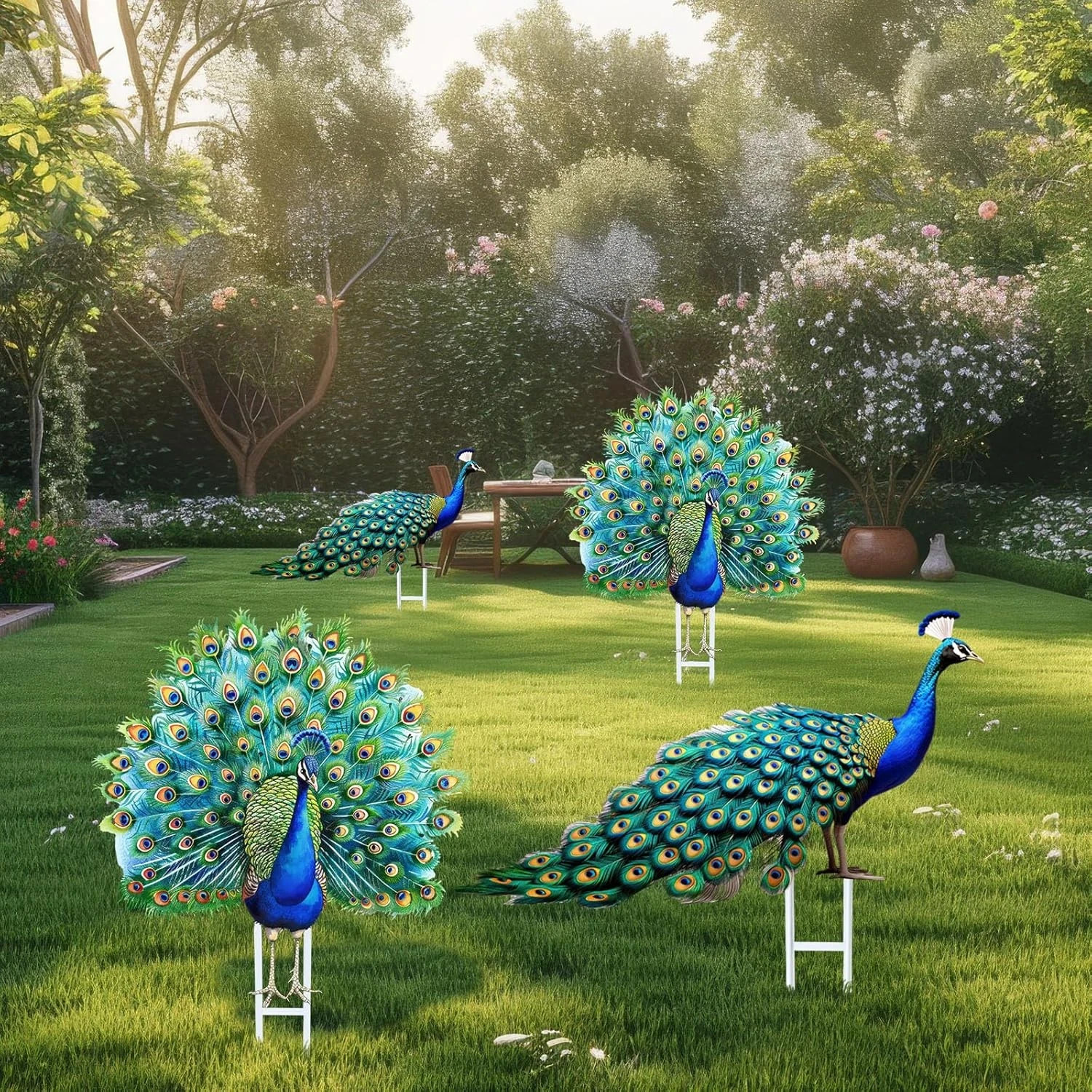 4 Pcs Metal Peacock Statue Garden Decor Outdoor Metallic Peacock Tail Spread Yar