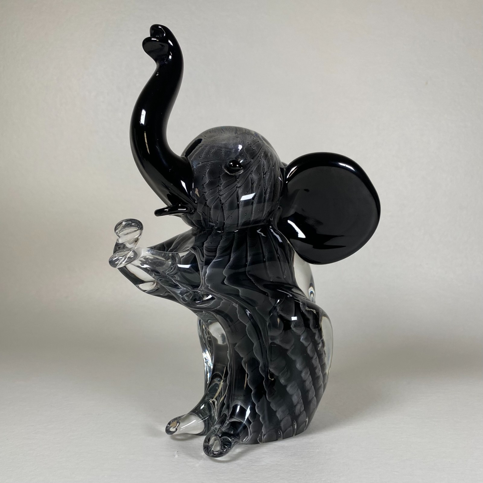 Formia Vetri Di Murano Art Glass Elephant Black Silver Italy Trunk Up 5.75\