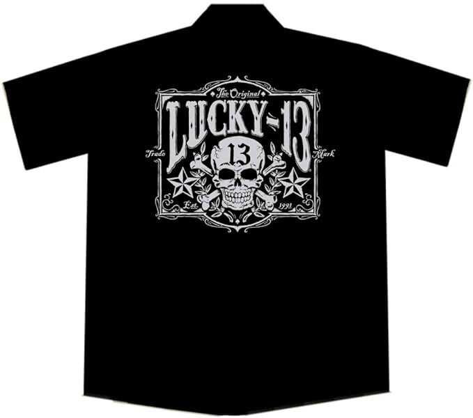 Lucky 13 Skull and Nautical Stars Biker Work Shirt, Tombstone Lucky 13 Skull and Nautical Stars Biker Work Shirt, Tombstone