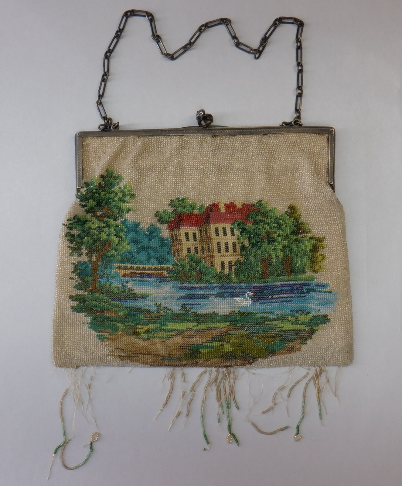 Antique Micro Beaded Purse, Silver Frame & Chain, Lake Estate Landscape Scene