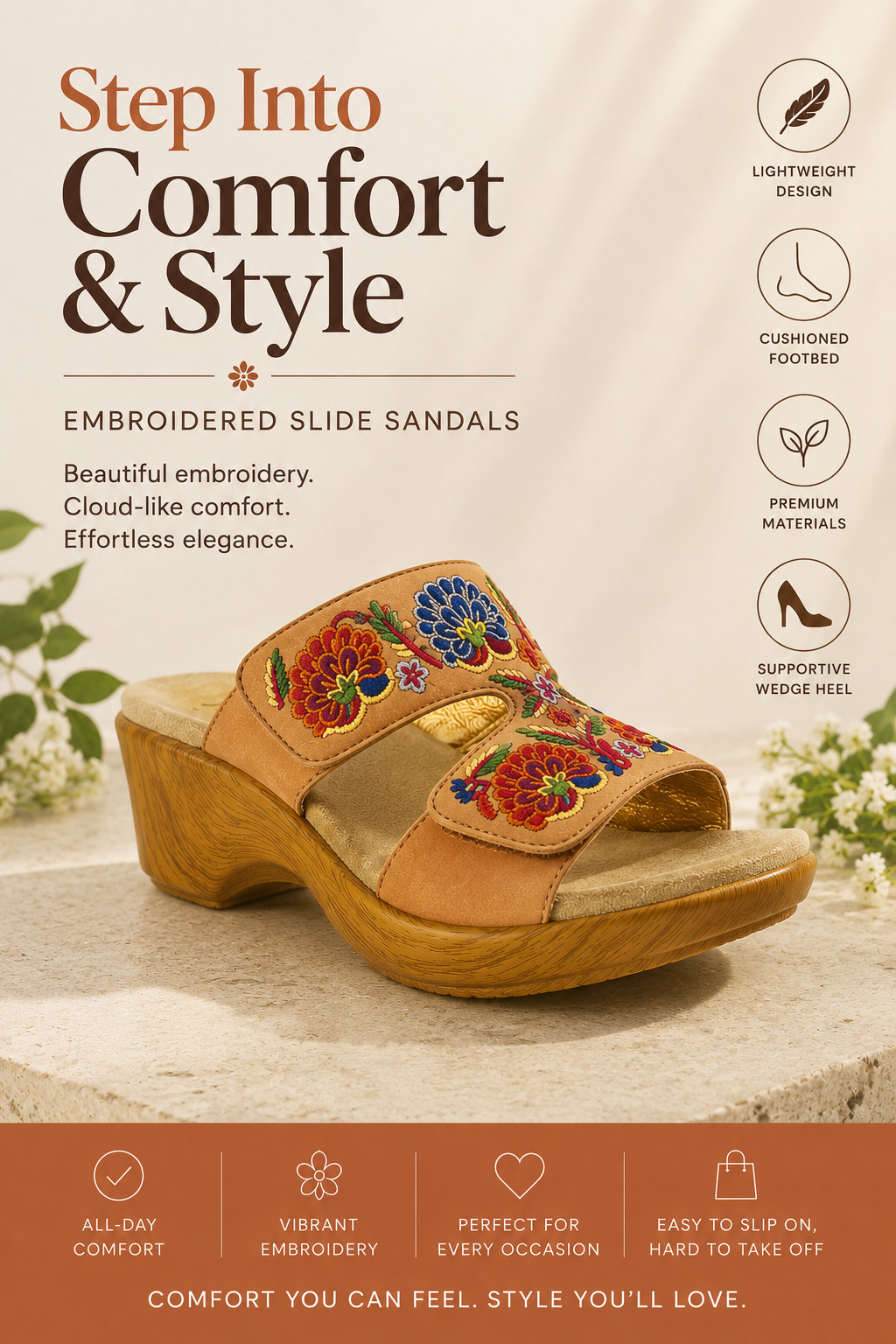 Alegria Linn Embroidered Leather Slip On Wedge Sandals Cognac Women\'s Size 6-6.5 Alegria Linn Embroidered Leather Slip On Wedge Sandals Cognac Women\'s Size 6-6.5