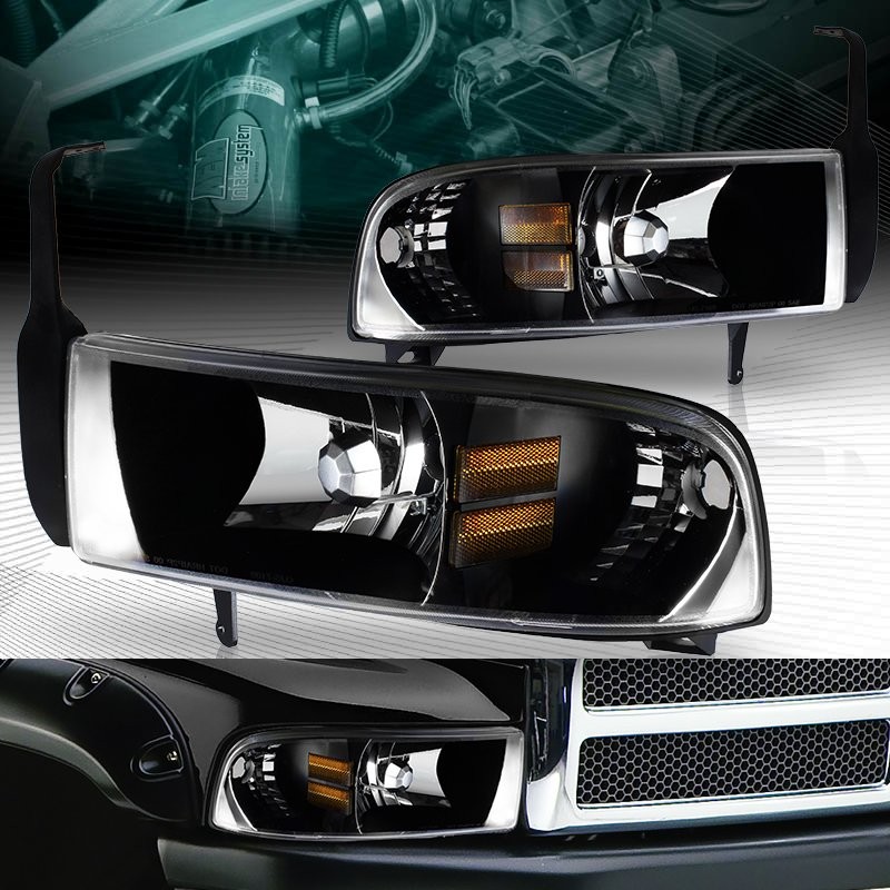BLACK HOUSING 1-PIECE STYLE HEADLIGHTS LAMPS FIT 94-01 DODGE RAM 1500 2500 3500