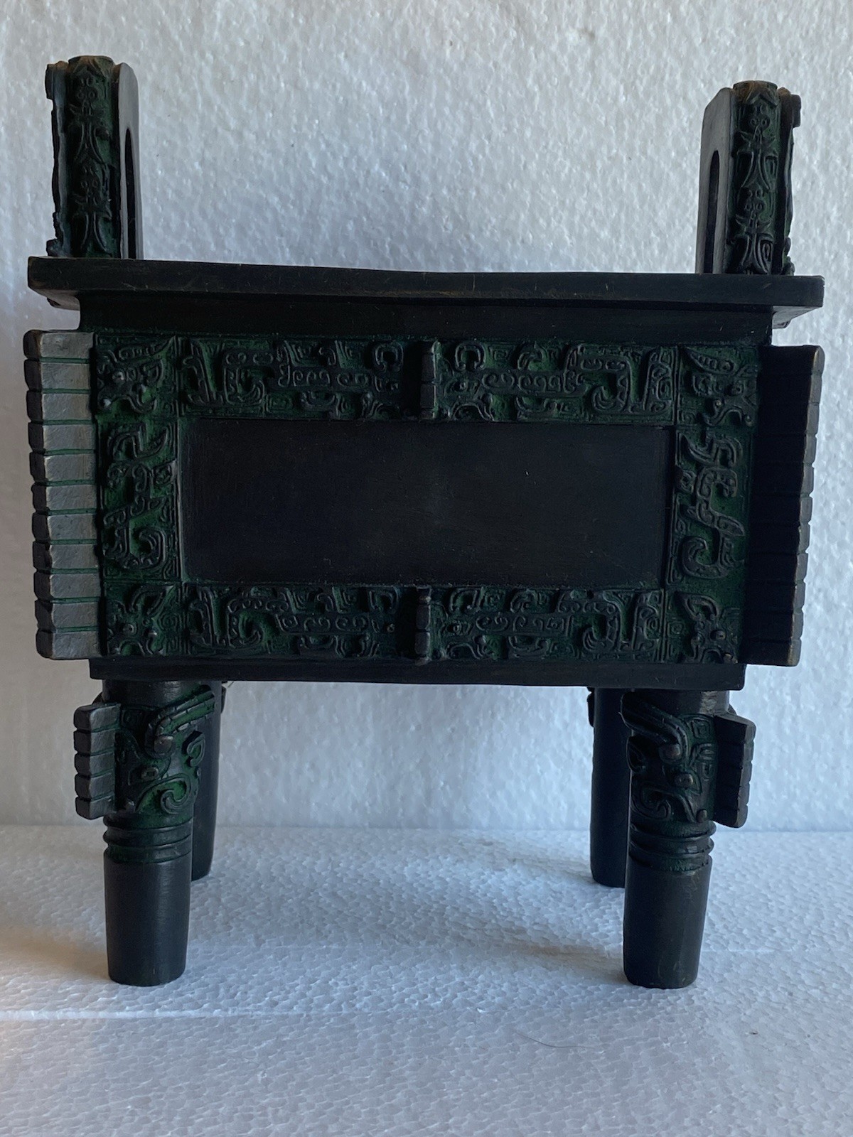 Chinese Bronze Fangding Tripod Vessel – Taotie Mask Design, Mid-20th Century Chinese Bronze Fangding Tripod Vessel – Taotie Mask Design, Mid-20th Century