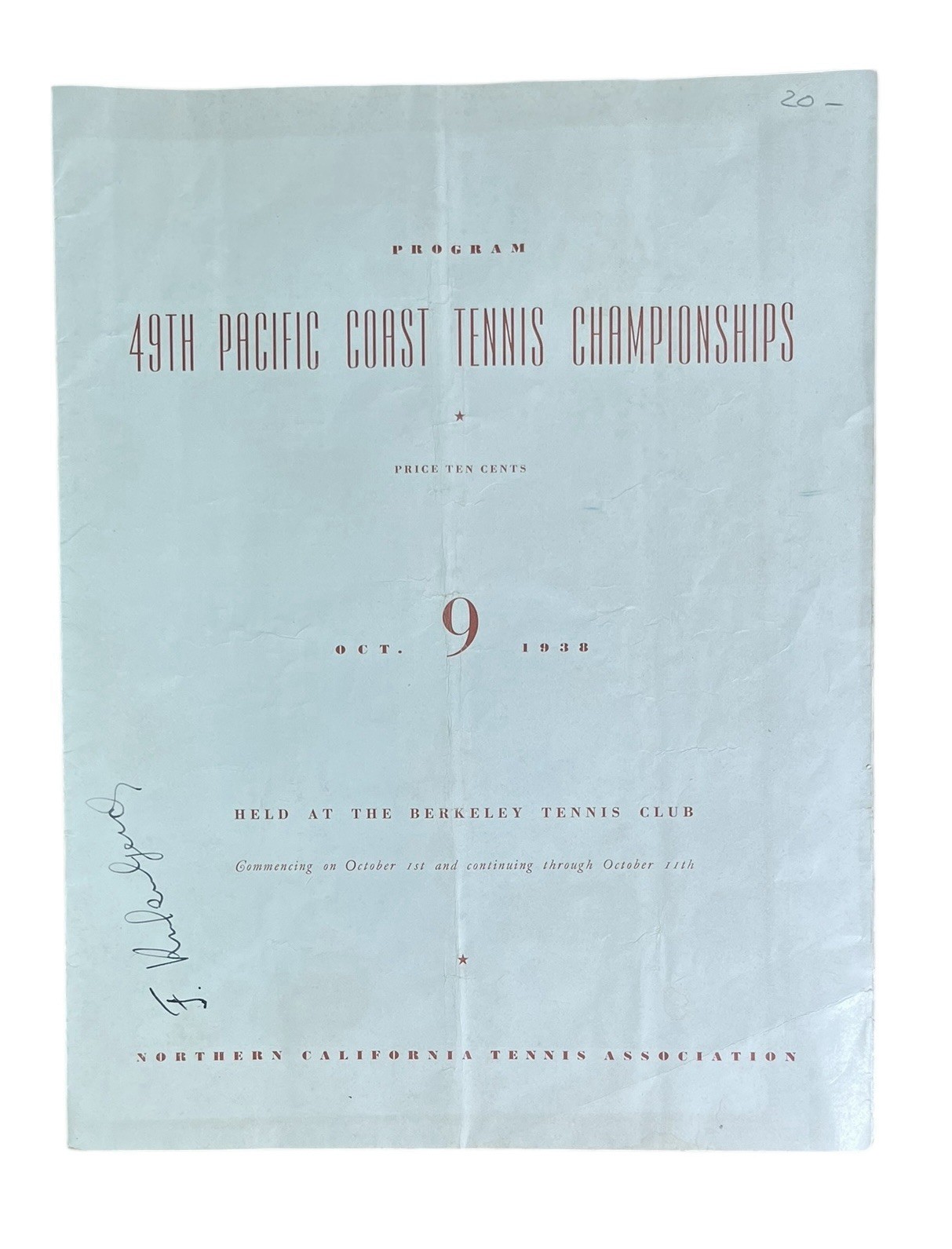 Vintage 1938 Pacific Coast Tennis Championships Program Bobby Riggs Early w Auto Vintage 1938 Pacific Coast Tennis Championships Program Bobby Riggs Early w Auto