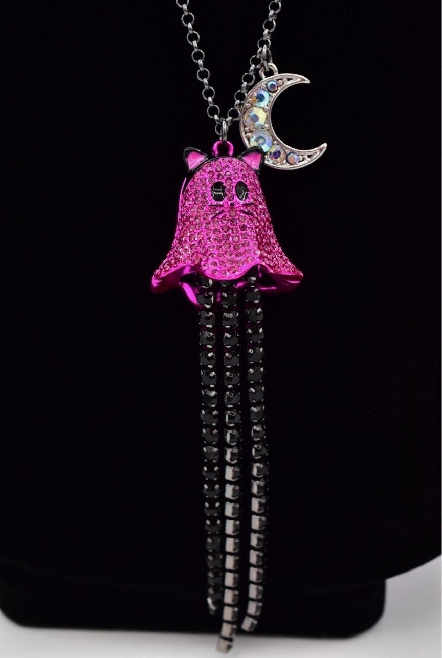 Betsey Johnson Halloween Blingy Ghost Cat Necklace Moon Pink Crystal Black NWT Betsey Johnson Halloween Blingy Ghost Cat Necklace Moon Pink Crystal Black NWT