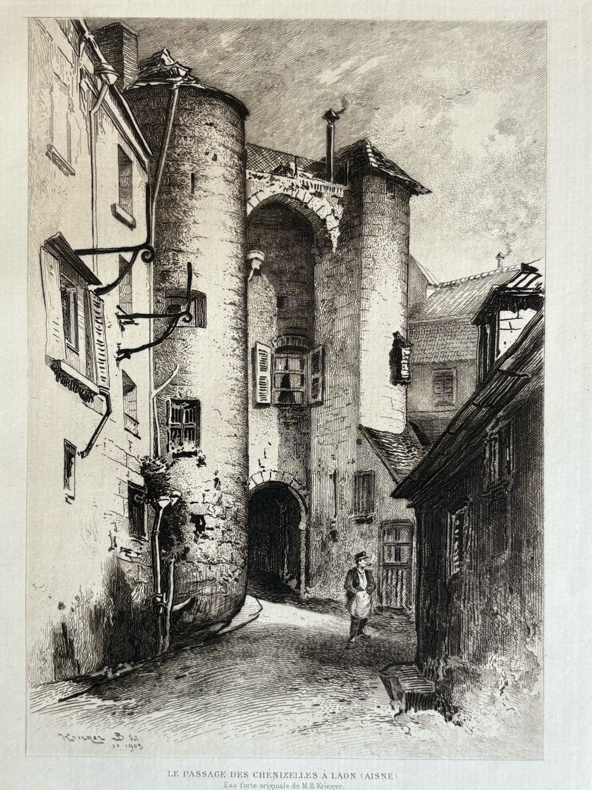KRIEGER etching eau forte etching Passage Chenizelles à Laon Aisne Architecture