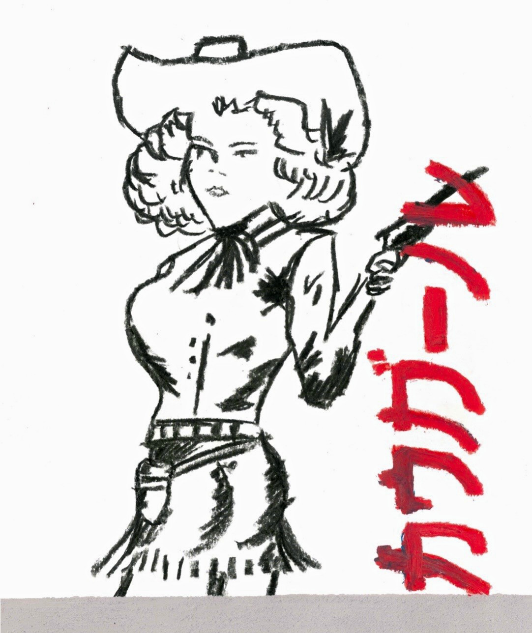 Original Framed Art Cowboy Character Mixed Media Painting with Japanese Text Original Framed Art Cowboy Character Mixed Media Painting with Japanese Text