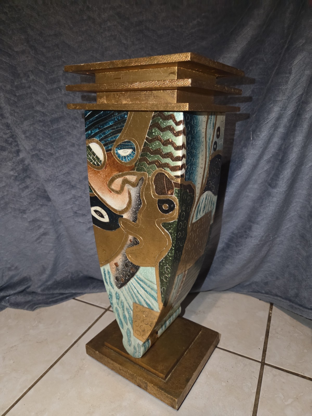 Vintage Postmodern Cubist Gilt Wood Pedestal Plant Stand Abstract Face 1980s