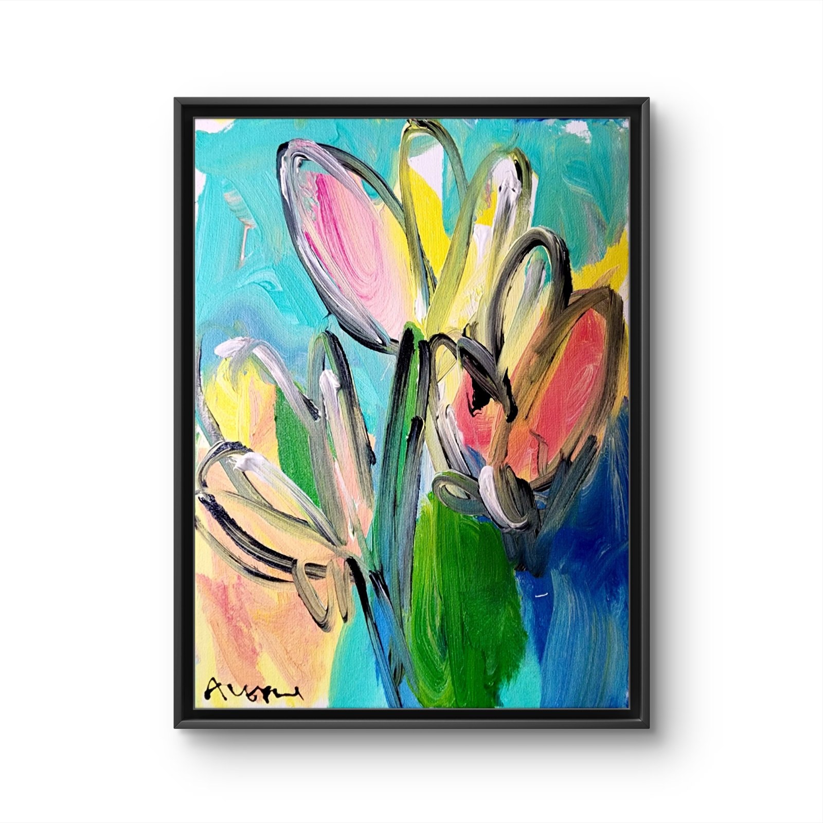 Aleph Original 9x12 Abstract Abstract Tulip Flowers Teal Painting Signed Canvas