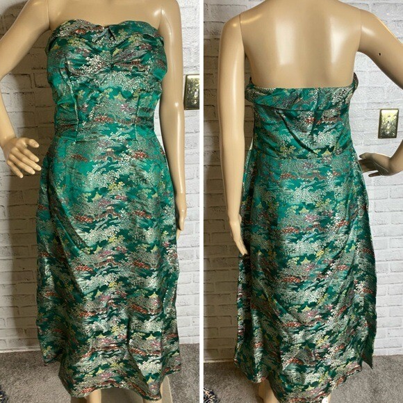 Vintage 1940’s style Chinese embossed strapless dress with capelet s