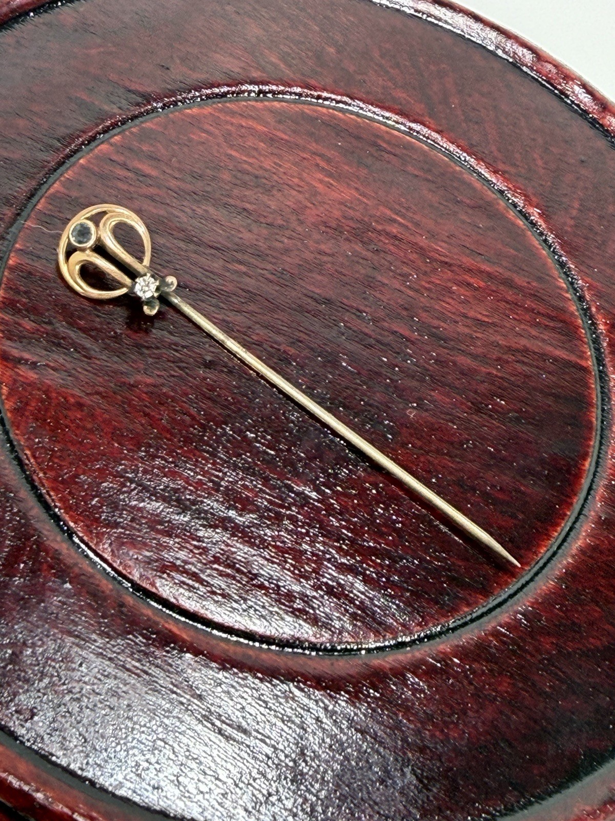 Antique 10K Yellow Gold Diamond Stick Pin Edwardian Art Nouveau Scroll 2.5”