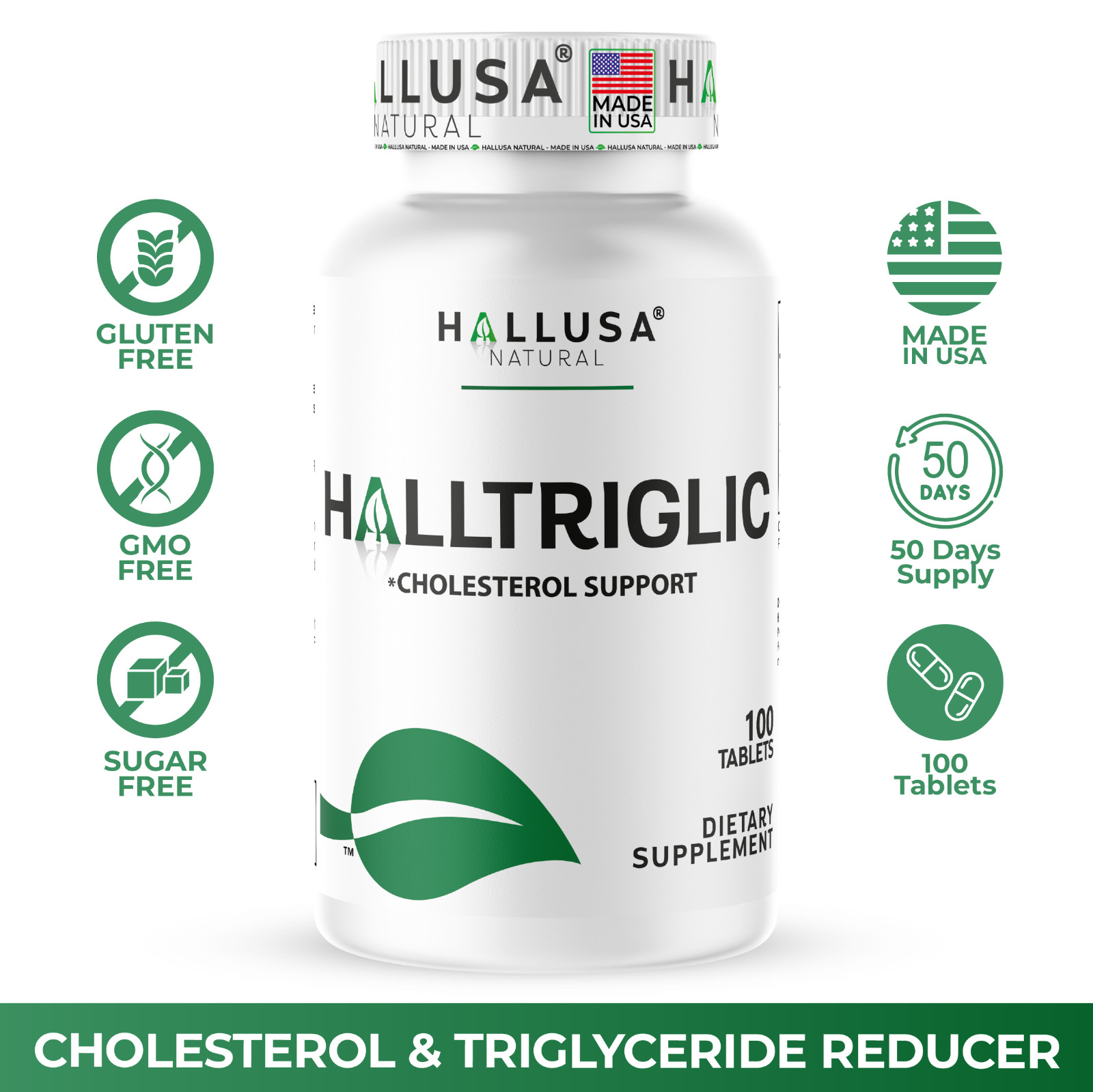 Hallusa Natural - HALLTRIGLIC - Cholesterol & Triglyceride Reducer - 100 Tablets