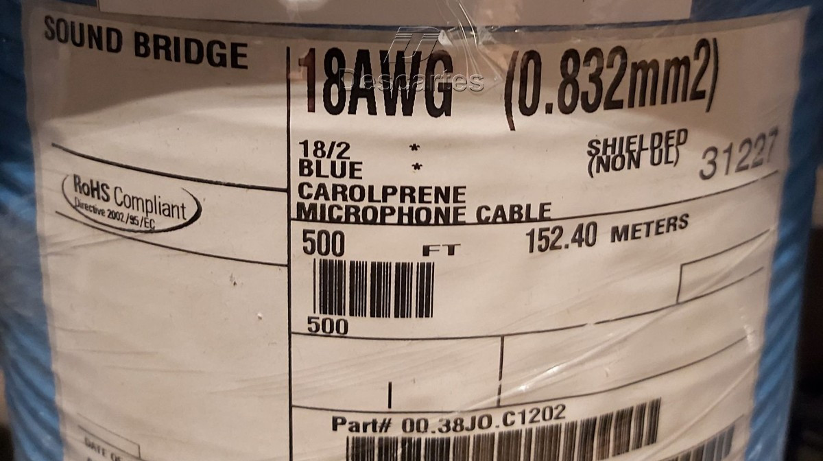 10ft Carol 00.38JO.C1202 18 AWG 2C Blue Carolprene Shielded Cable (C1202 Specs)