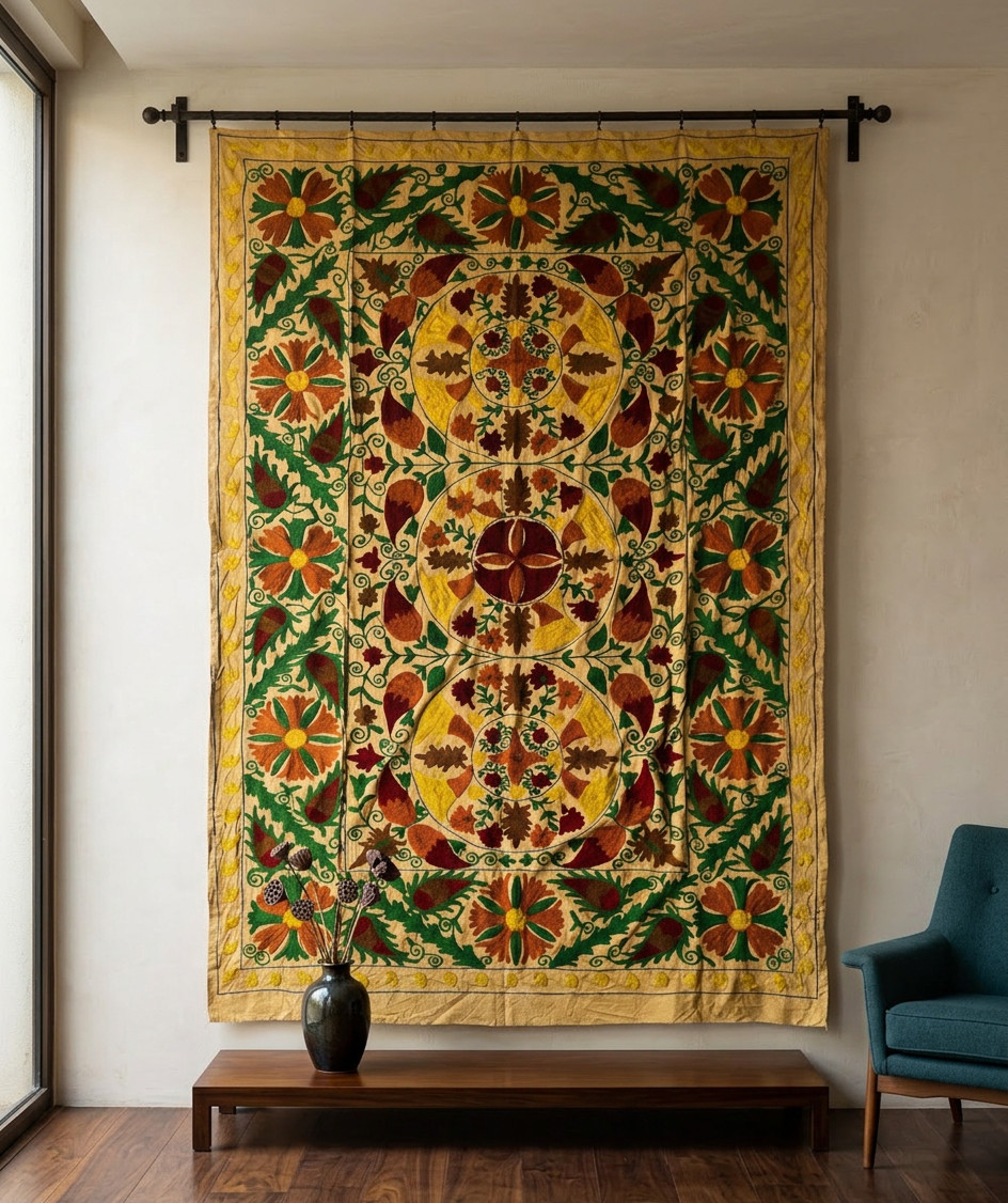 Handmade Suzani Embroidery Tapestry Floral Medallion Wall Hanging Textile