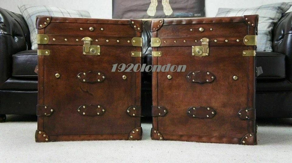 Pair Of Finest English Trunk Leather Antique Inspired Side Table Trunks Amazing