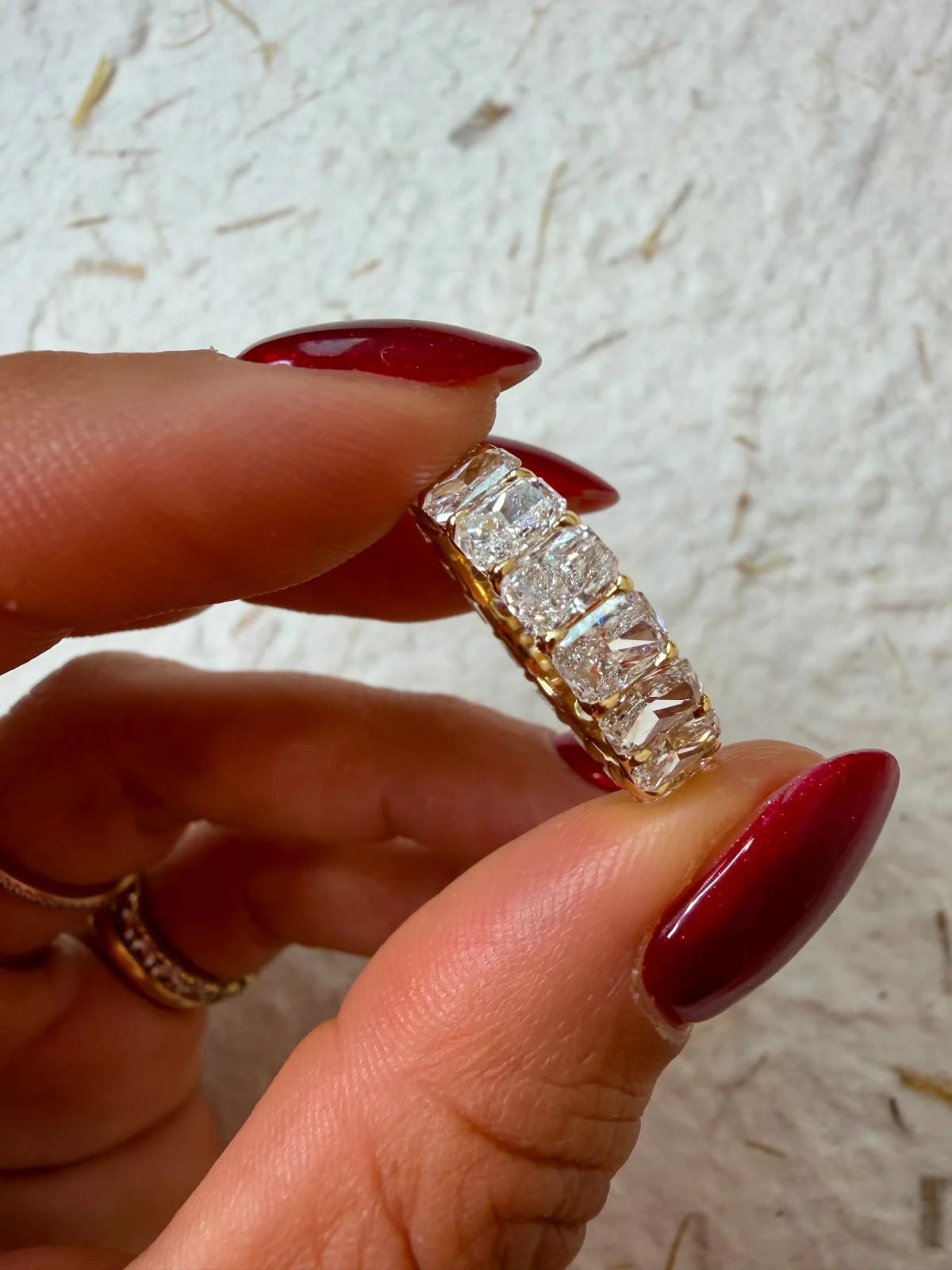 4*6 MM Radiant Certified Moissanite Eternity Wedding Band Ring 14K Gold Plated 4*6 MM Radiant Certified Moissanite Eternity Wedding Band Ring 14K Gold Plated
