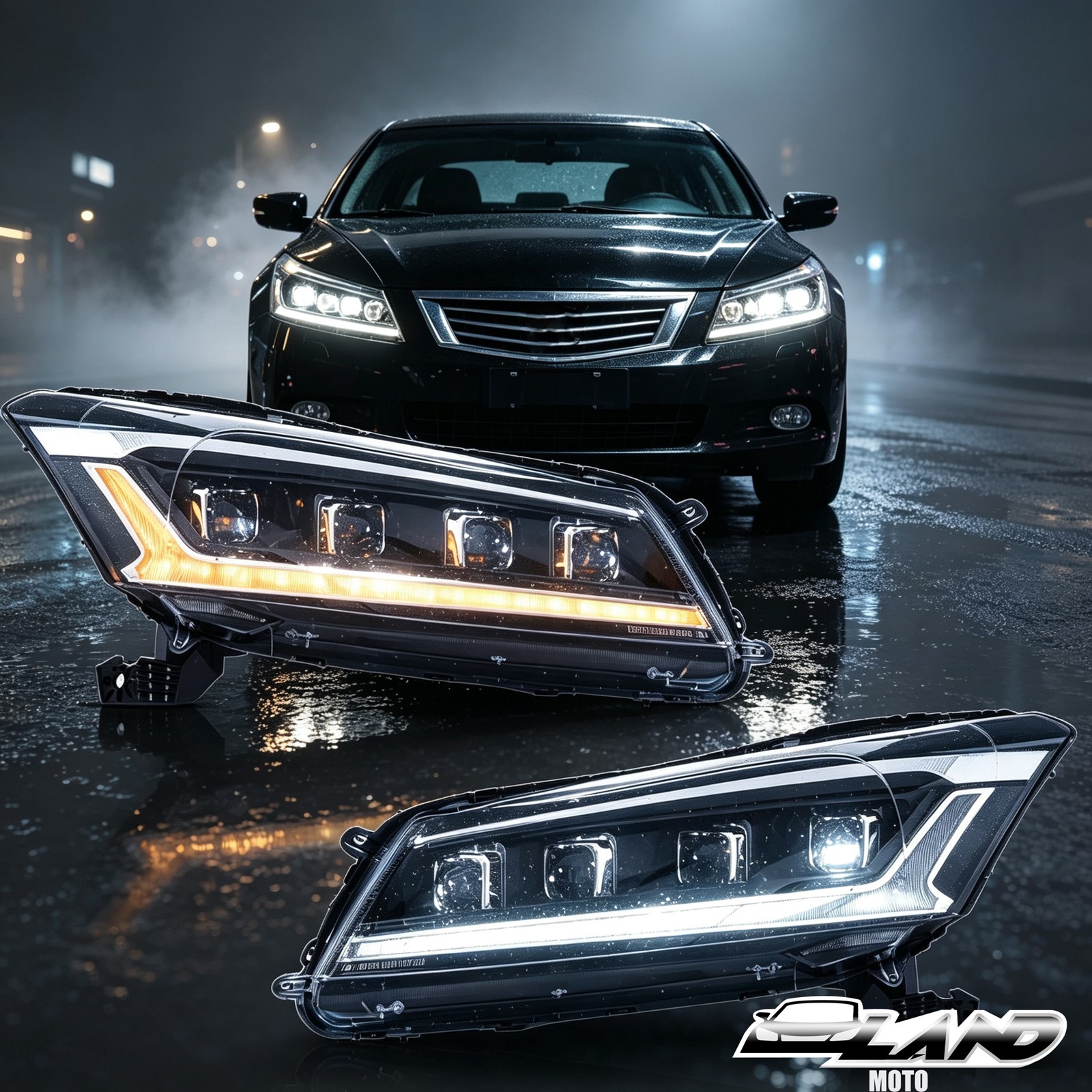 For 2008-2012 Honda Accord 8th Gen LED Headlight W/Red Demon Eye&Sequential Pair