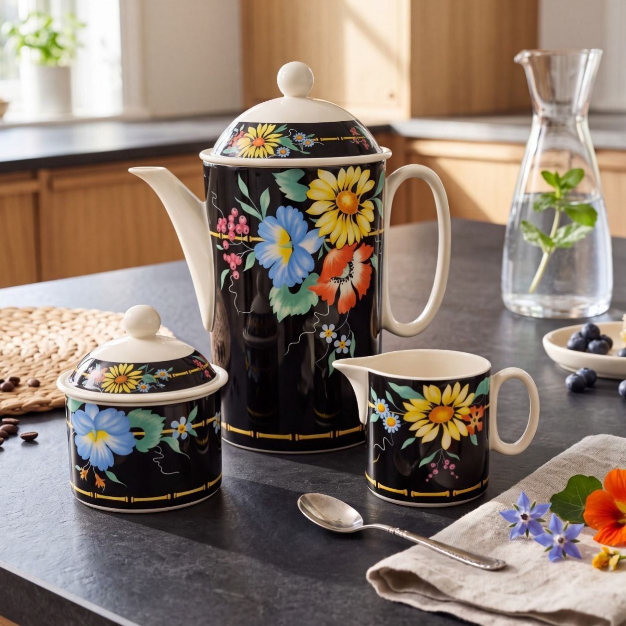 Vintage Villeroy & Boch Xenia Coffee Pot Sugar Bowl Creamer 3-Piece Set Germany