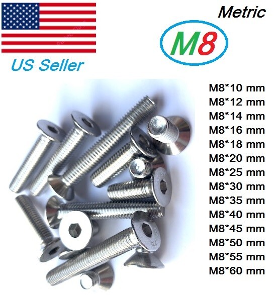 M8x1.25 metric 10mm to 60mm Hex bolt Flat head Stainless Steel Countersunk QT=10