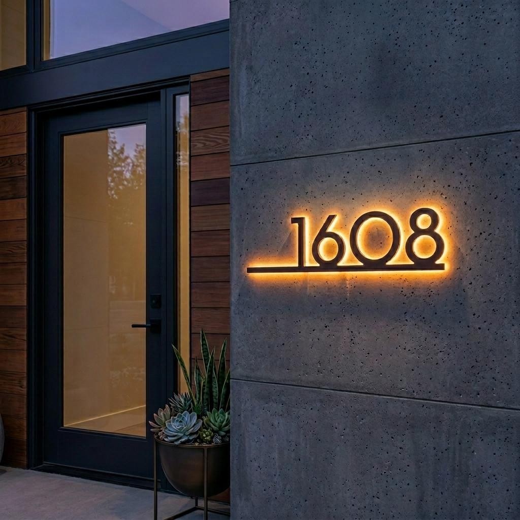 Custom LED House Number Sign, Modern Illuminated Address Plaque