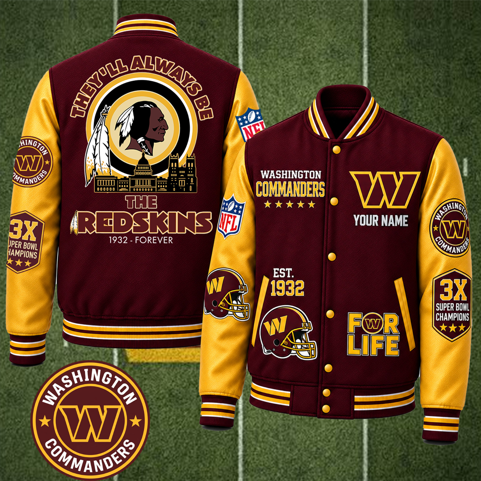 Personalized Washington Redskins 1932 Football Baseball Jacket - ALL PRINT
