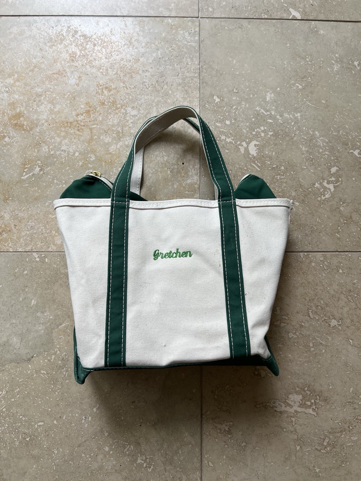 VTG LL Bean Canvas Beige / Green Zip Boat & Tote Bag 90s VTG LL Bean Canvas Beige / Green Zip Boat & Tote Bag 90s