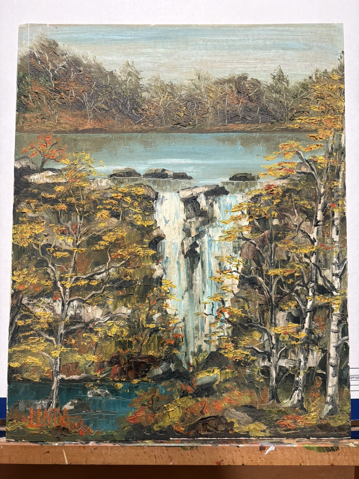 Original oil painting landscape waterfall pallet knife PNW artist 