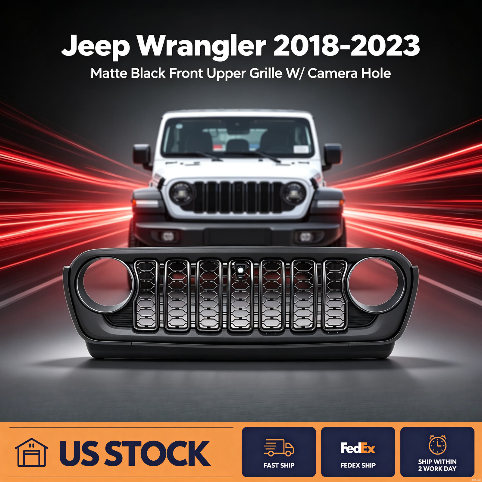 For Jeep Wrangler JL/JT 18-23 Matte Black Front Grille W/ Camera Hole  US STOCK