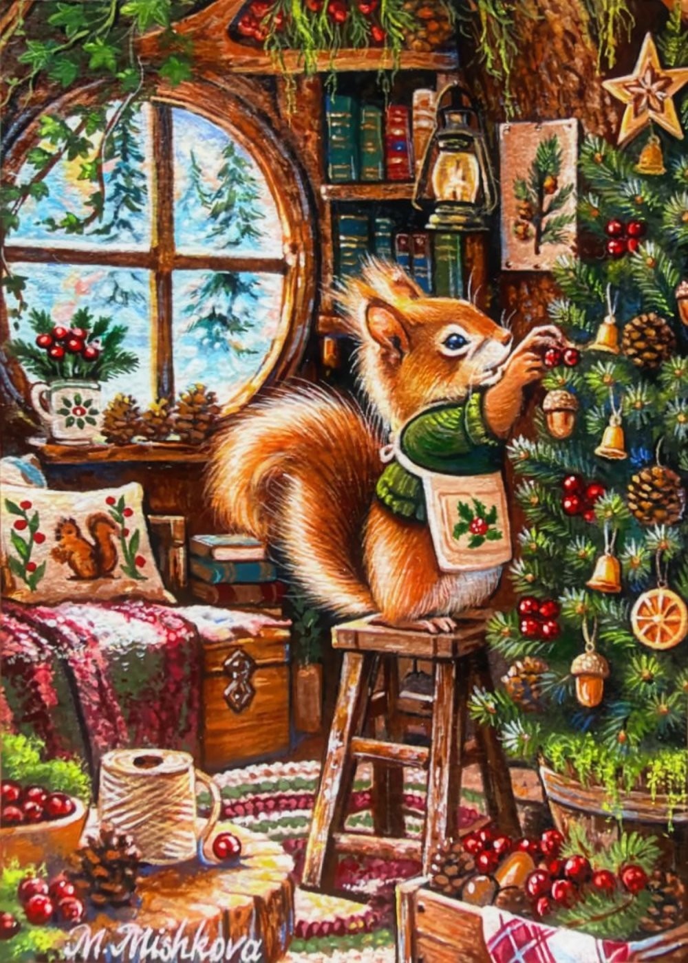 Original ACEO painting Christmas Squirrel Cozy Woodland by Manuela MISHKOVA