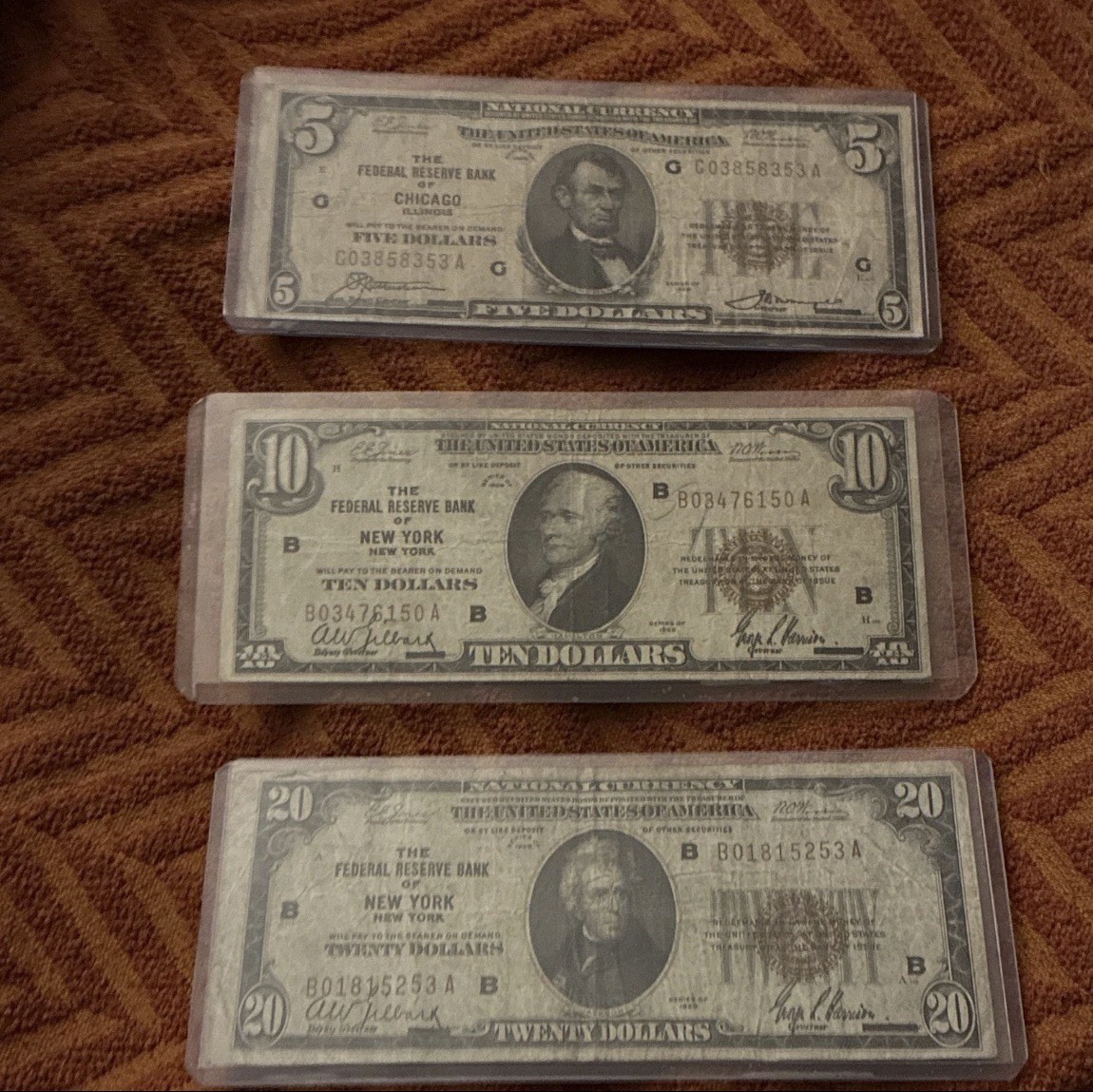Lot of 3 US Small Size Federal Reserve Bank Notes $5 $10 $20 Chicago NY