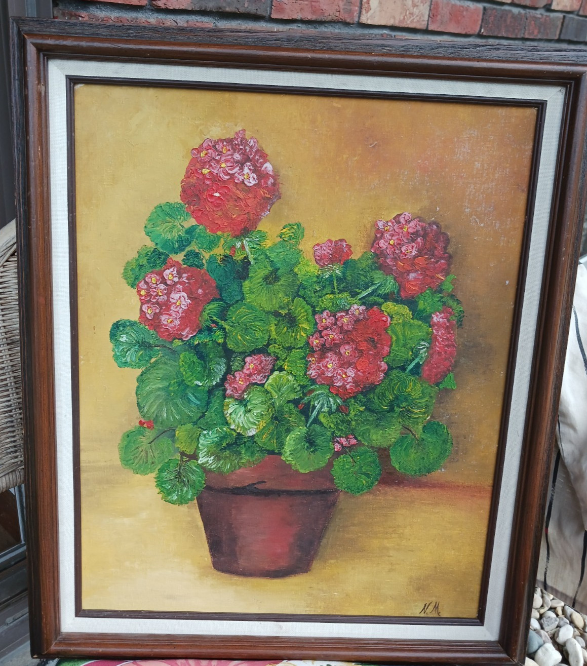 Vintage French Country Geraniums in Clay Pot Midcentury oil on Canvas Board Vintage French Country Geraniums in Clay Pot Midcentury oil on Canvas Board