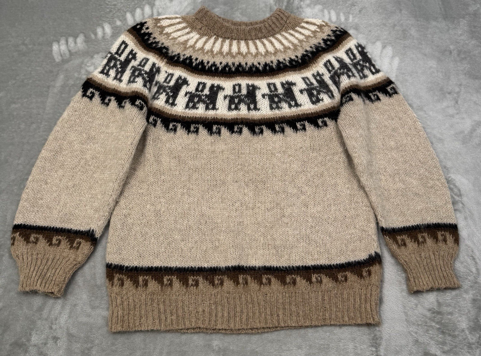 Vintage Alpaca Sweater Mens Medium Brown Nordic Fair Isle Knit Wool Pullover Y2K