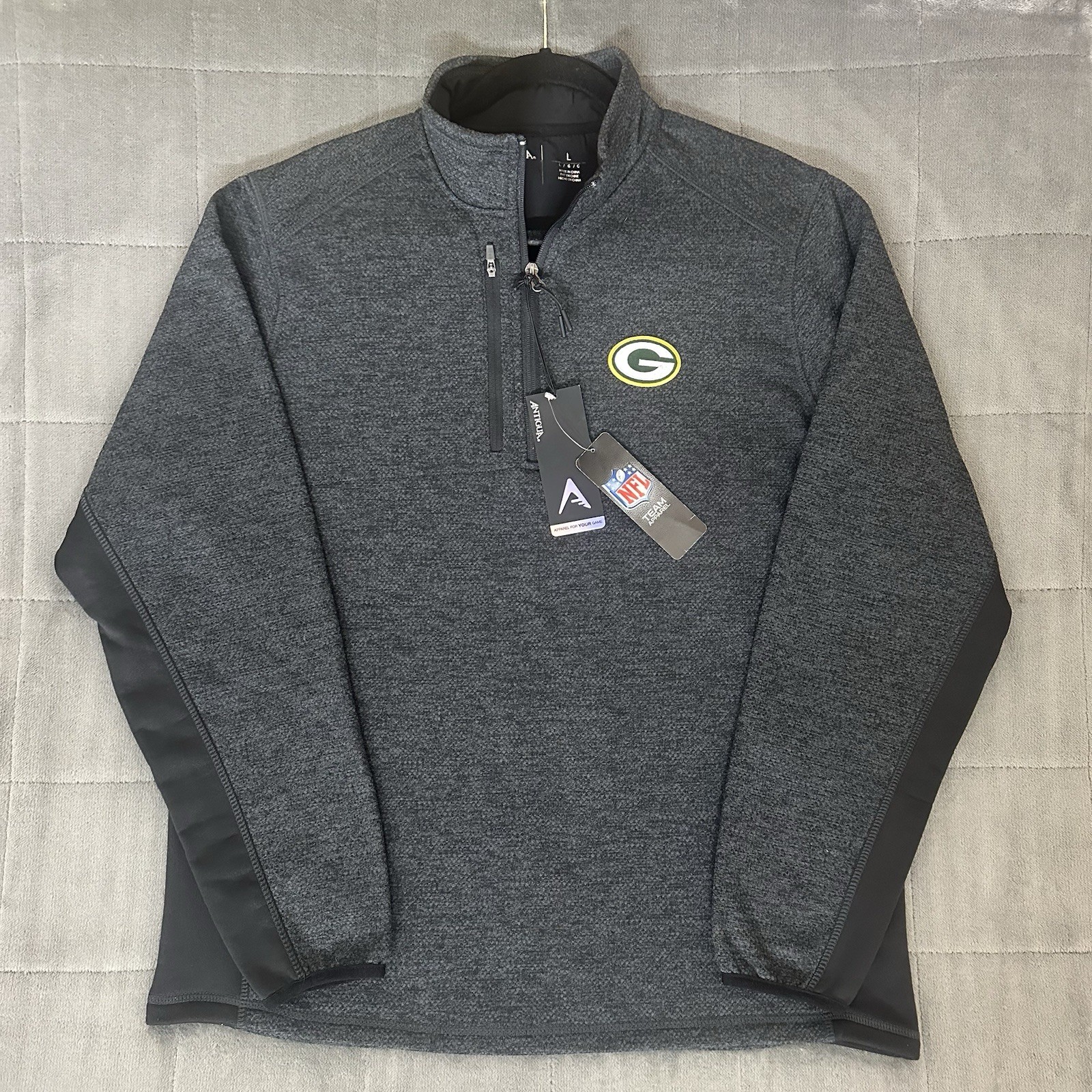 Antigua Green Bay Packers 1/4 Zip Pullover Mens Large Black Gray NWT Fortune NFL