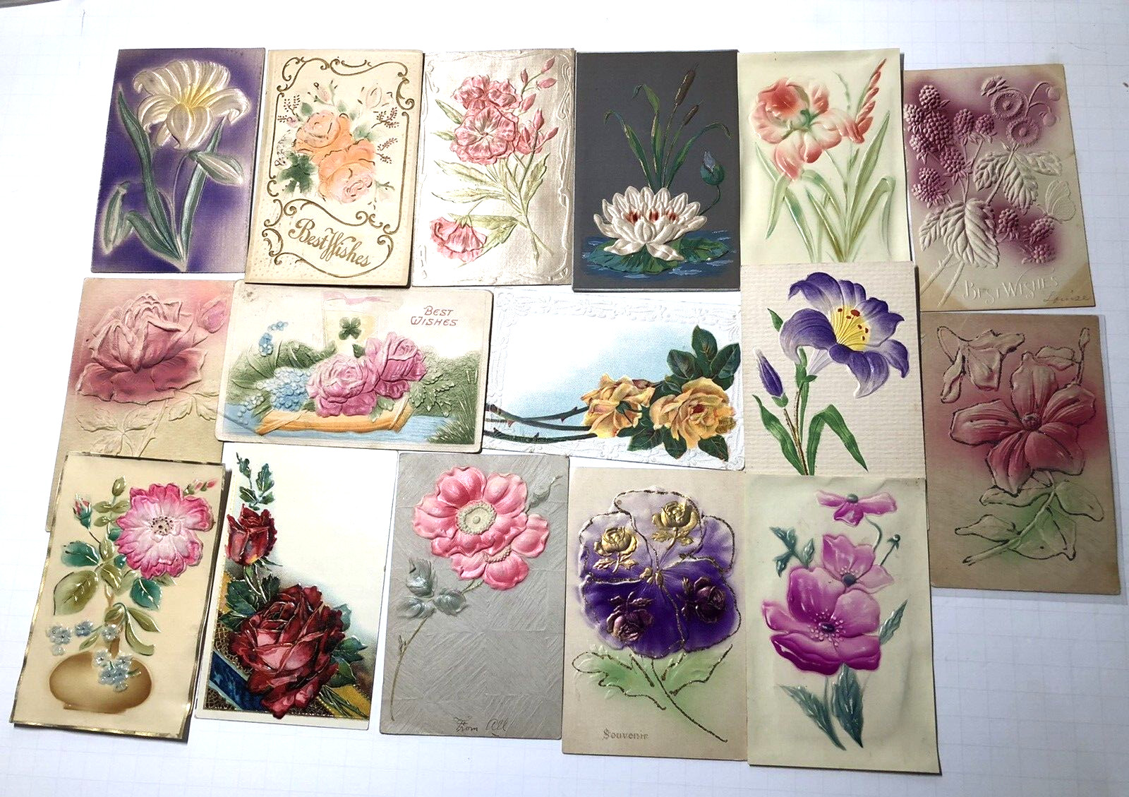 Lot of 15 Floral Embossed Postcards - c1907-1911- Silk embroidered, High Relief Lot of 15 Floral Embossed Postcards - c1907-1911- Silk embroidered, High Relief