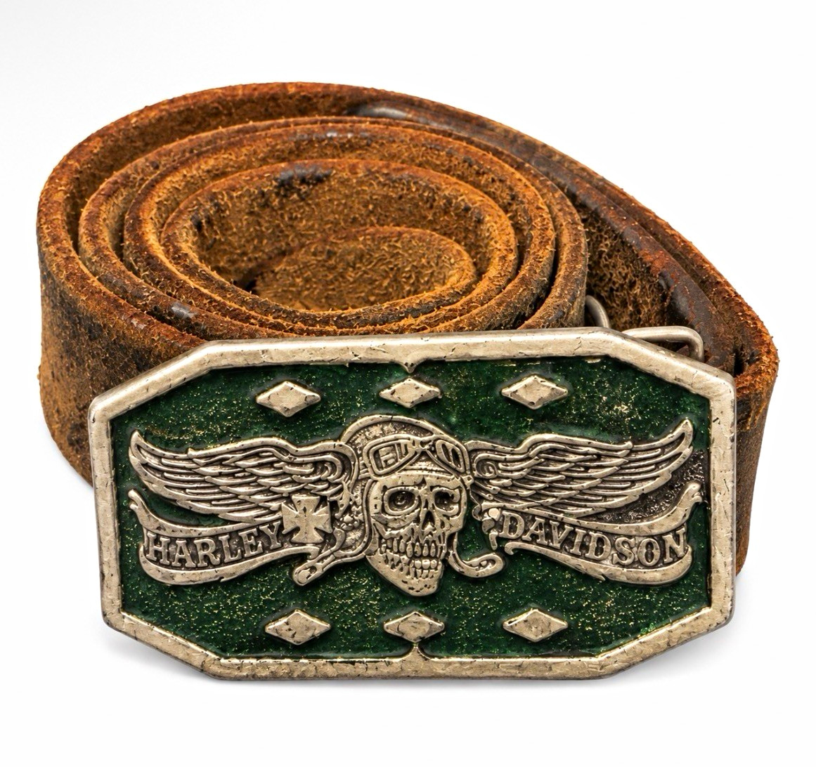 Vintage 1975 Harley-Davidson Winged Skull & Wings Belt Buckle w/ Leather Belt