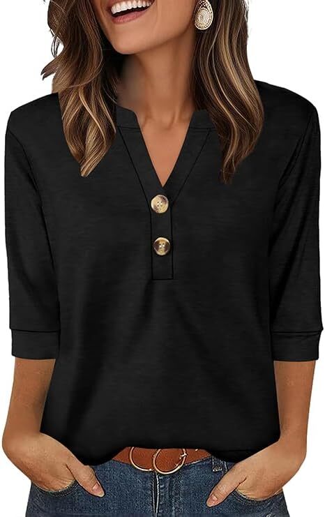 Womens 3/4 Sleeve V Neck Blouse Summer Beach Vacation Shirt Casual Work Top