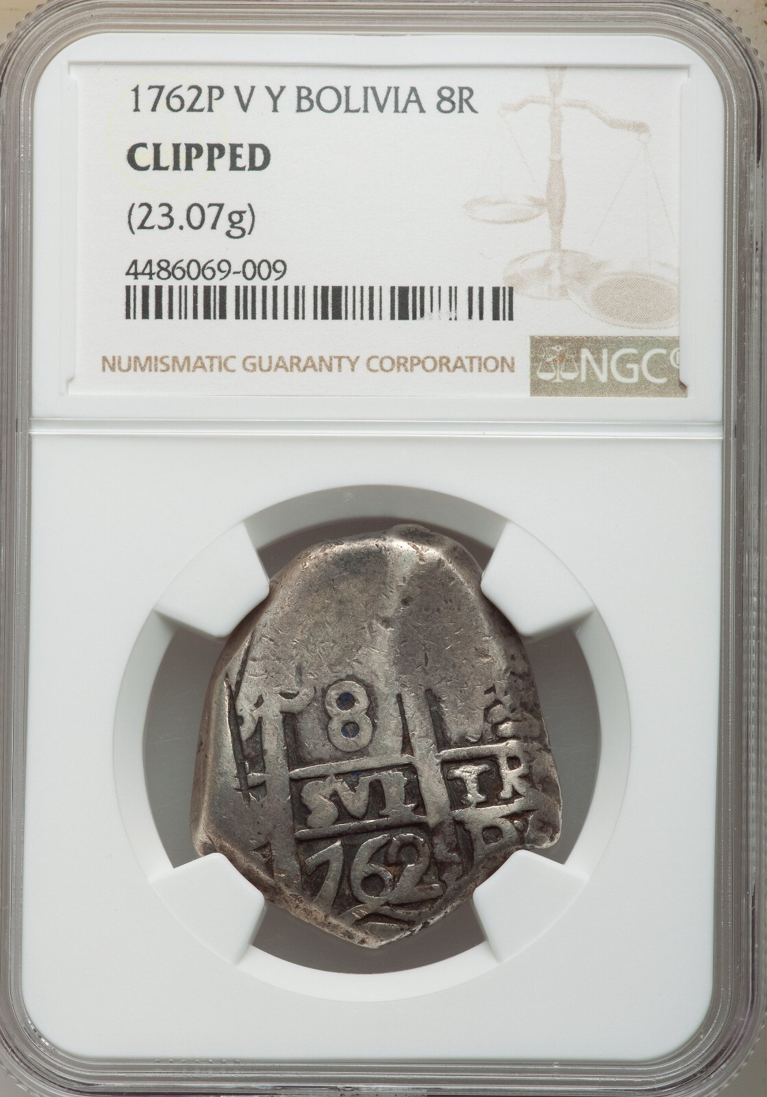 Bolivia COB 1762P V Y 8 Reales NGC CLlPPED - CABINET TONING