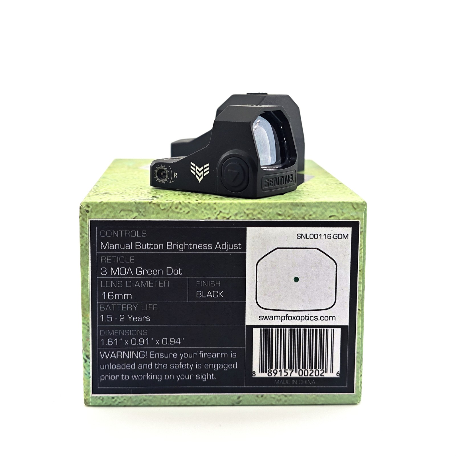 Swampfox Sentinel 1x16mm Micro Reflex Green Dot Sight 3 MOA For RMSc