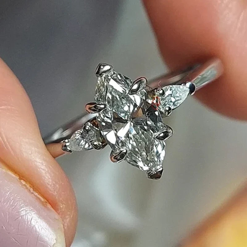 3.7Ctw Marquise Cut Moissanite Three Stone Engagement Ring 14K White Gold Plated