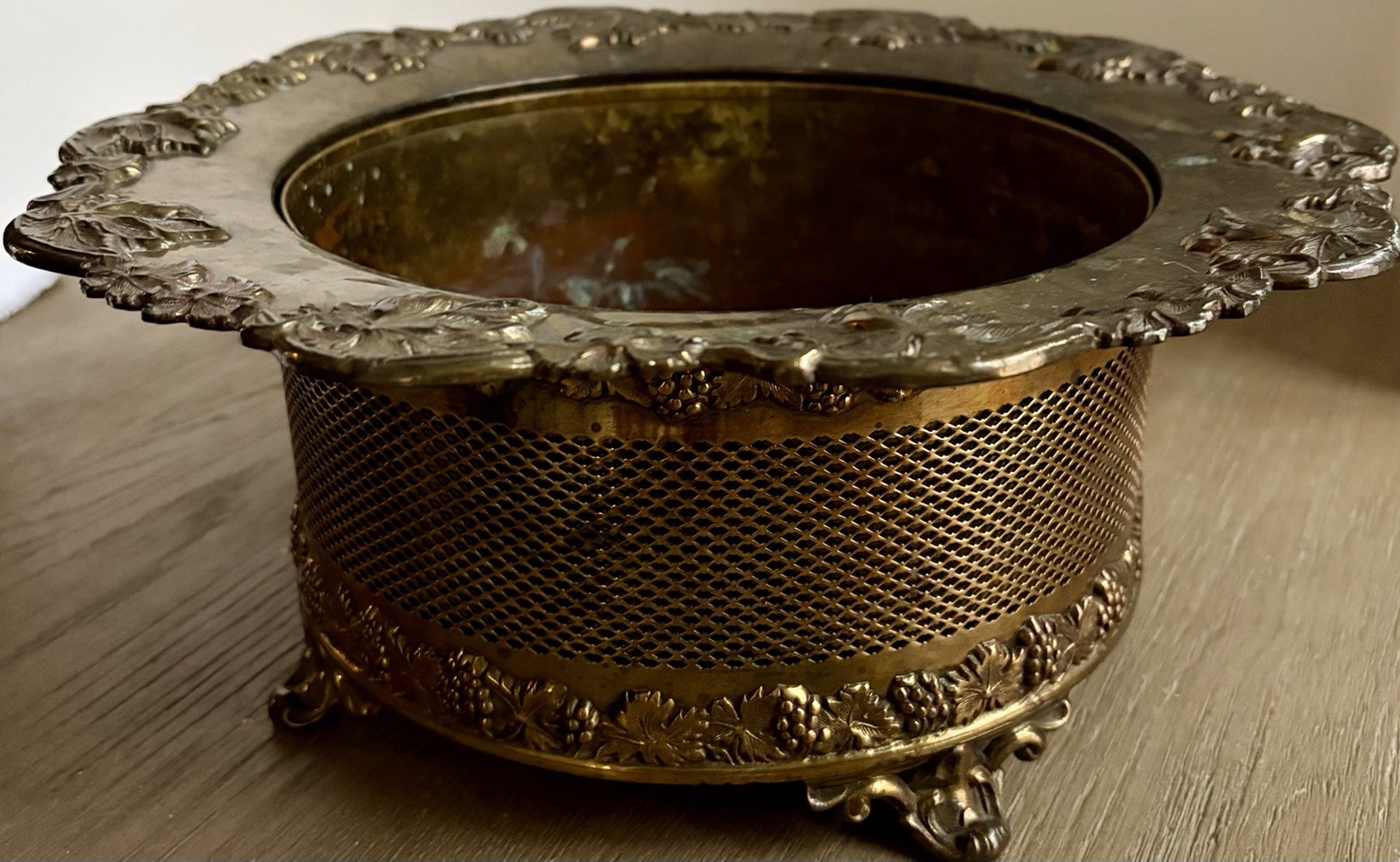 Antique Silverplate Brass Jardiniere Centerpiece Grape Vine Mesh Bowl 12