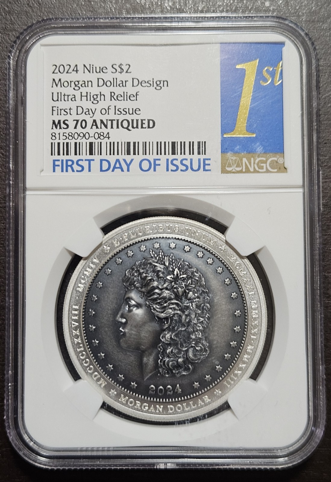 2024 Niue S$2 Morgan Dollar Design Ultra High Relief FDOI NGC MS70 Antiqued
