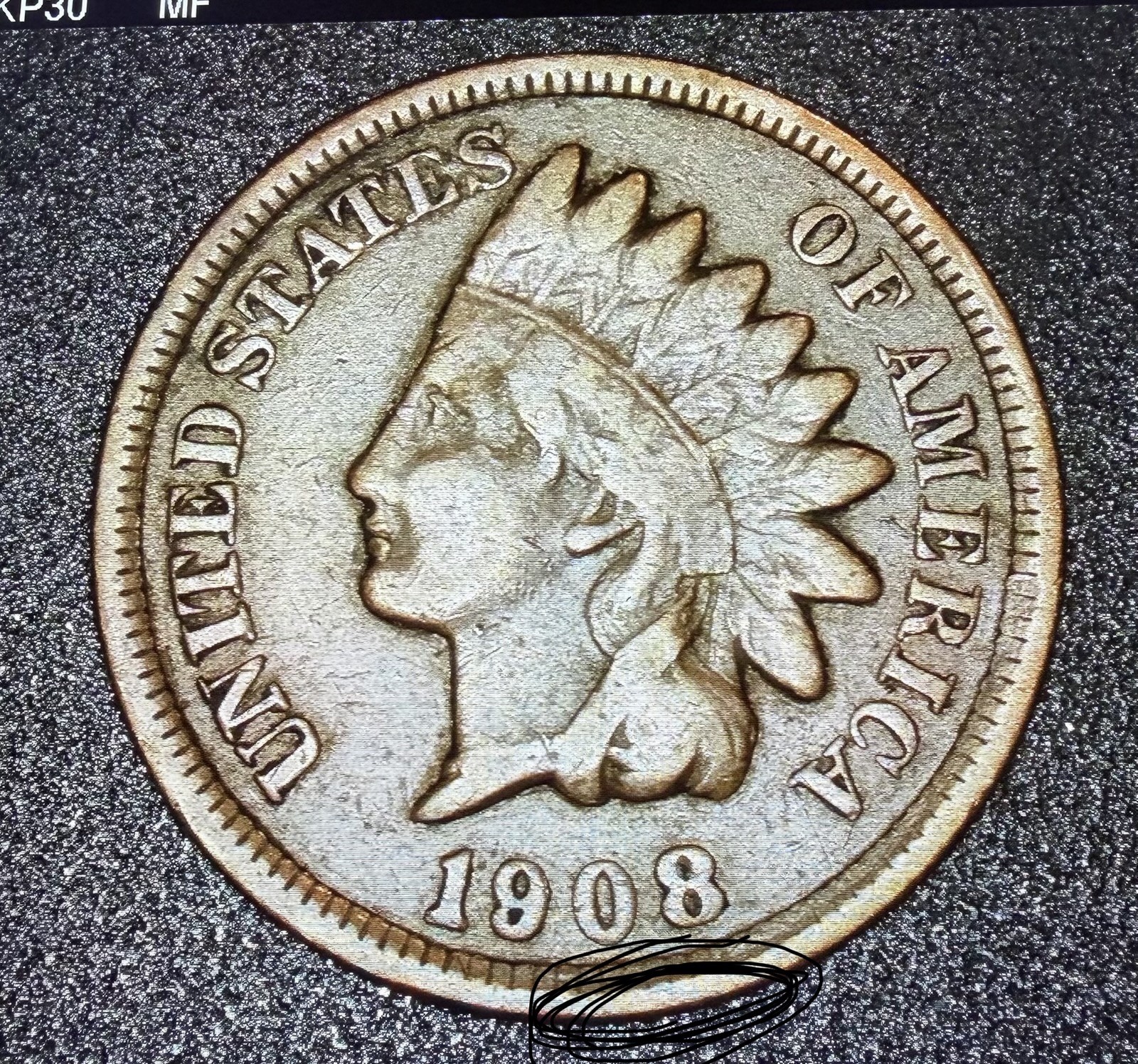 1908  Indian Head Cent Penny, Key Date, VF Condition Broad Strike Error