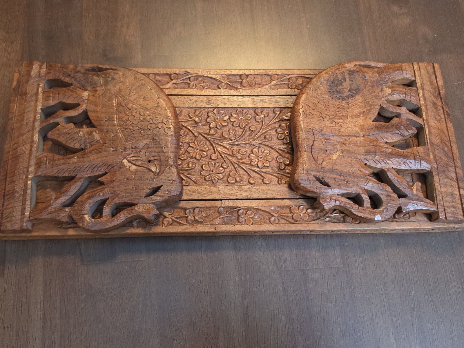 Vintage Hand Carved Sheesham Wood Folding Expandable Elephant Book Rack