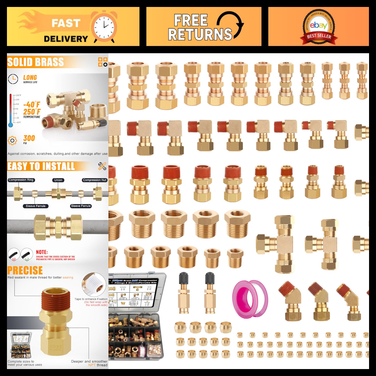 109Pcs Brass Air Brake Line Compression Fittings Kit - DOT Approved, Durable & R 109Pcs Brass Air Brake Line Compression Fittings Kit - DOT Approved, Durable & R