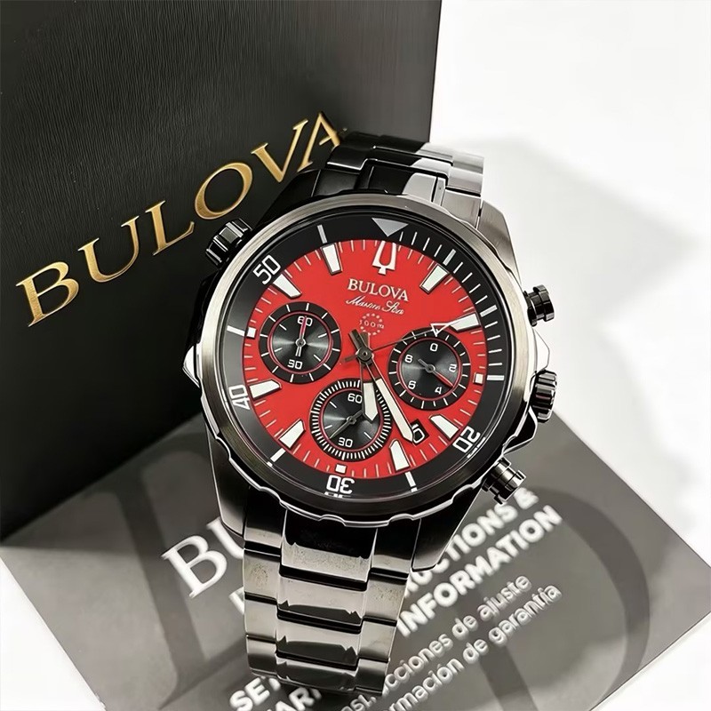 Bulova Marine Star 98B350 Men\'s Red Dial Quartz Chronograph Stainless Watch 43mm Bulova Marine Star 98B350 Men\'s Red Dial Quartz Chronograph Stainless Watch 43mm