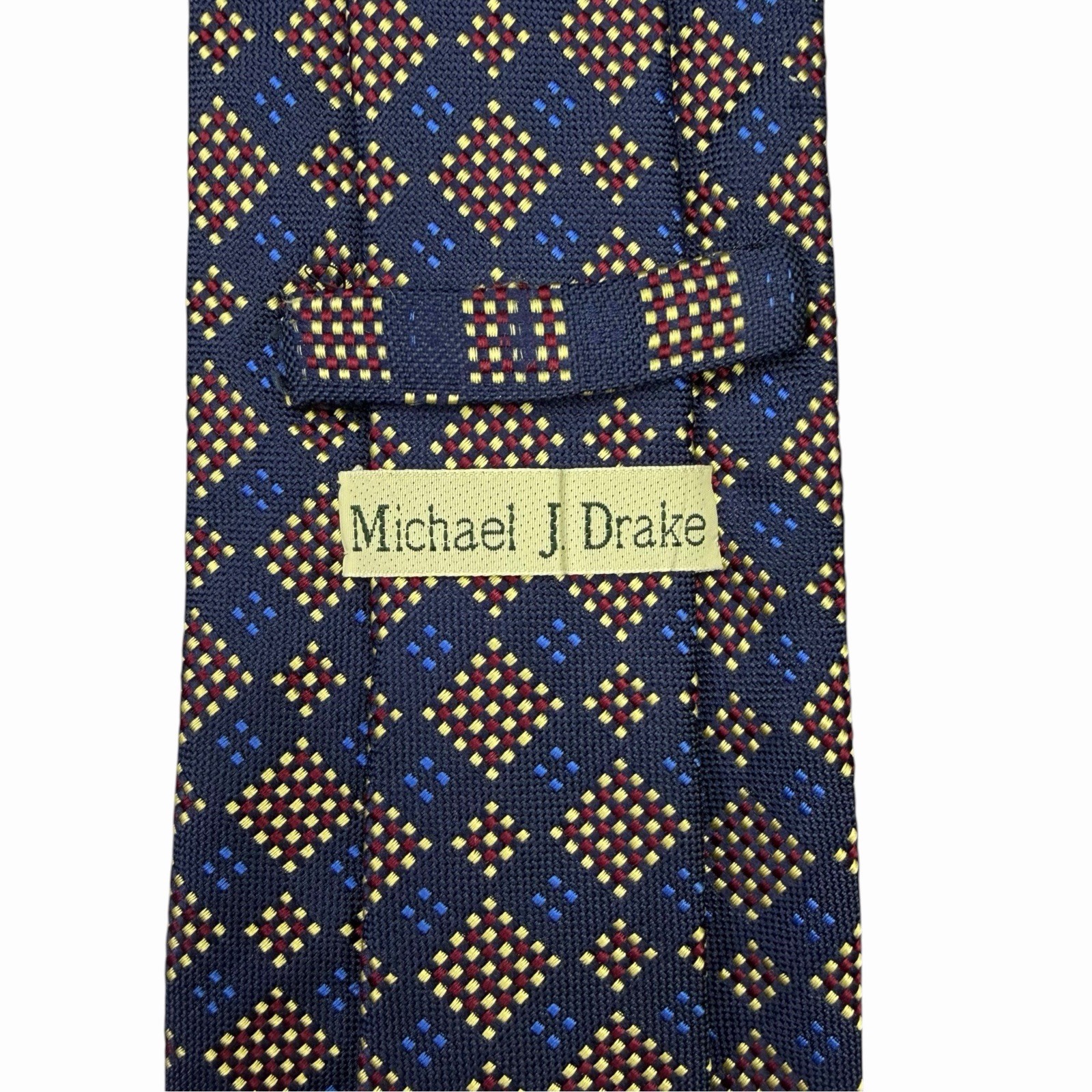 Michael J. Drake Mens Tie Blue/Yellow/Red Diamonds Silk England 3 5/8\ Michael J. Drake Mens Tie Blue/Yellow/Red Diamonds Silk England 3 5/8\